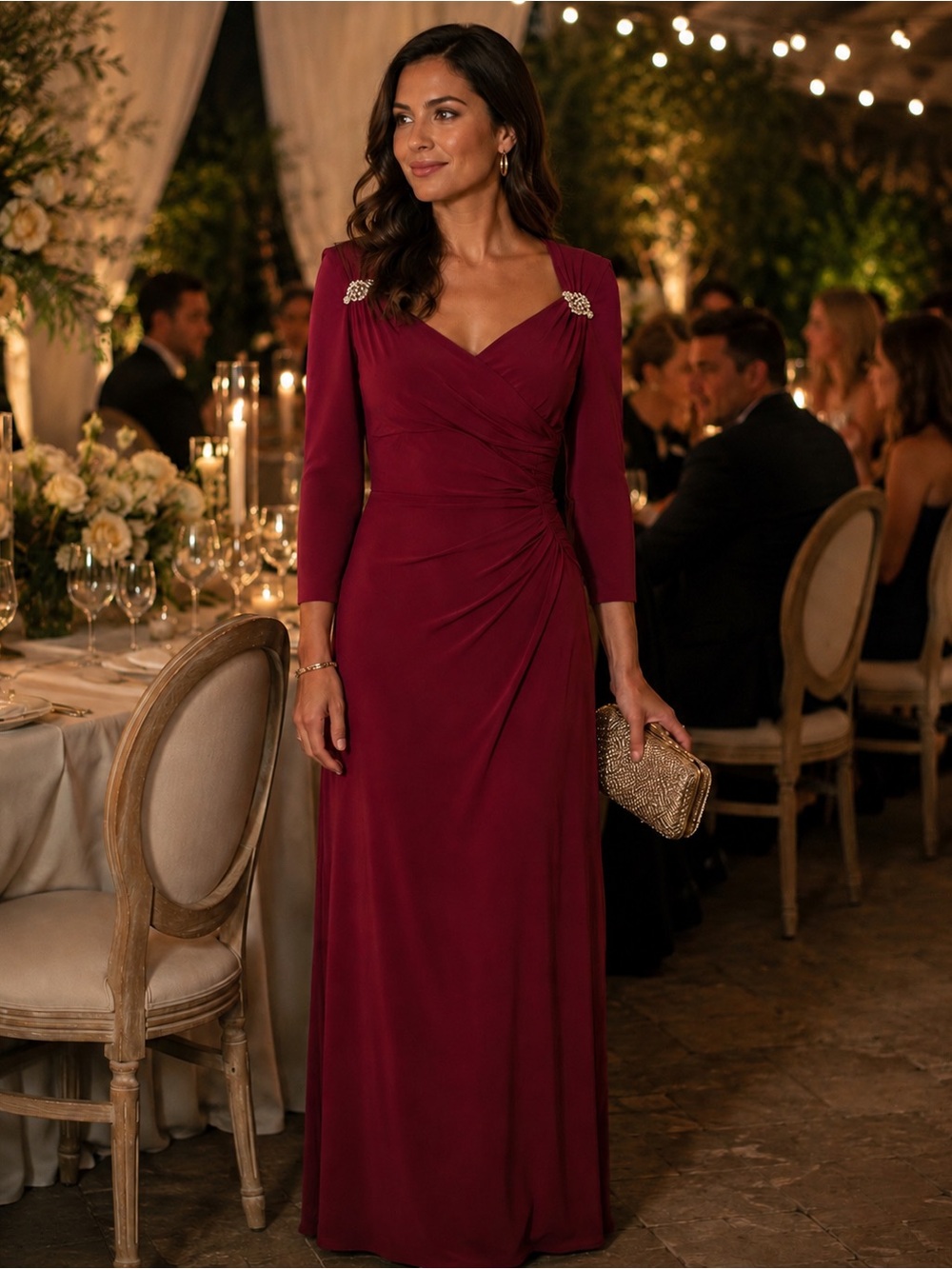R&M Richards Long Sleeve Burgundy Dress Wedding Cocktail Classic Dinner Party